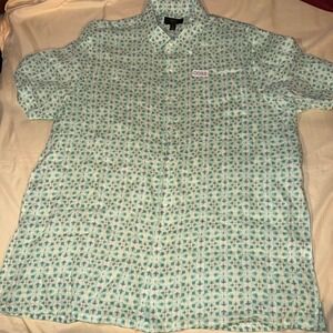Club Room Luxury Mens XL Geometric Tile Print 100% Linen Short Sleeve Shirt